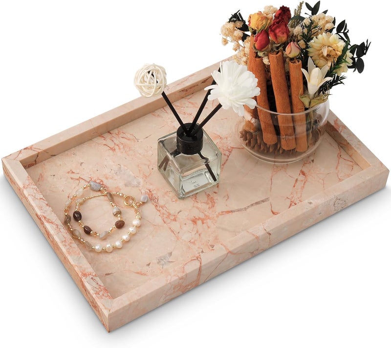 MULWR Marble Bathroom Tray,Pure Natural Vanity Tray,Marble Trays for Kitchen Counter Non-Ceramic/Non-Resin,Stone Tray 12 x 8 inch (Pink) ﻿ - Image 1